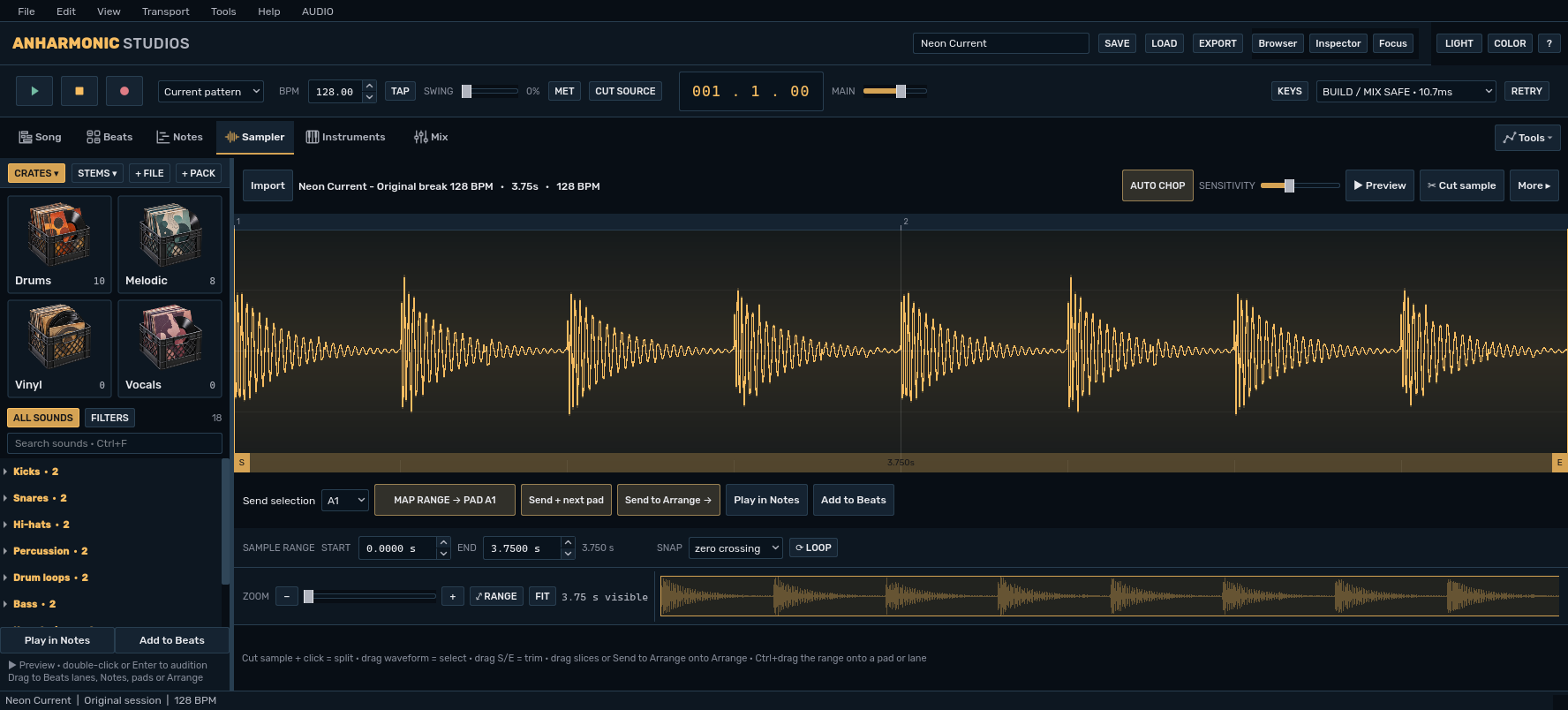 The actual Anharmonic sampler displaying a drum-break waveform, trim controls, and pad mapping.